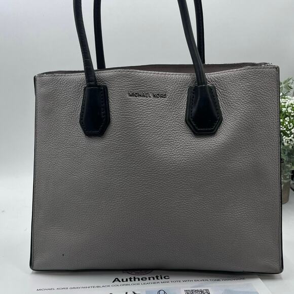 MICHAEL KORS Mercer‎ Black Gray Cream Color-Block Saffiano Leather Tote Bag COA - Picture 2 of 16